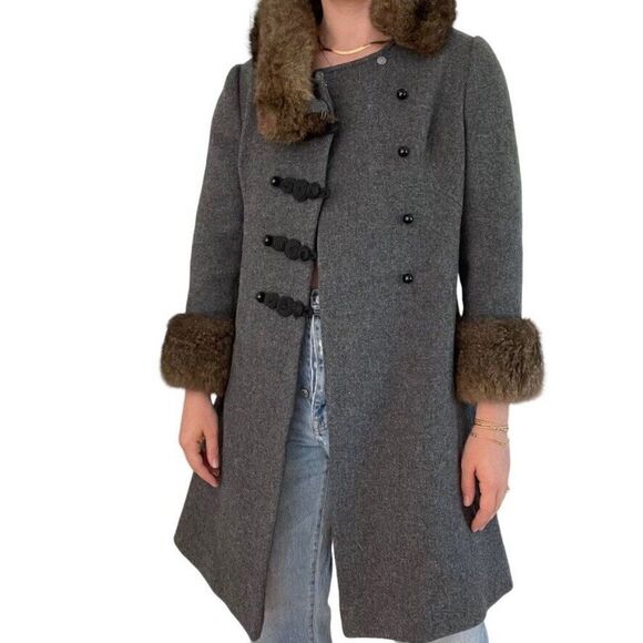 Vintage 1970s Jackie Stuart Gray Wool Tweed Fur Lined Trench Coat Jacket Sz S - Picture 4 of 9